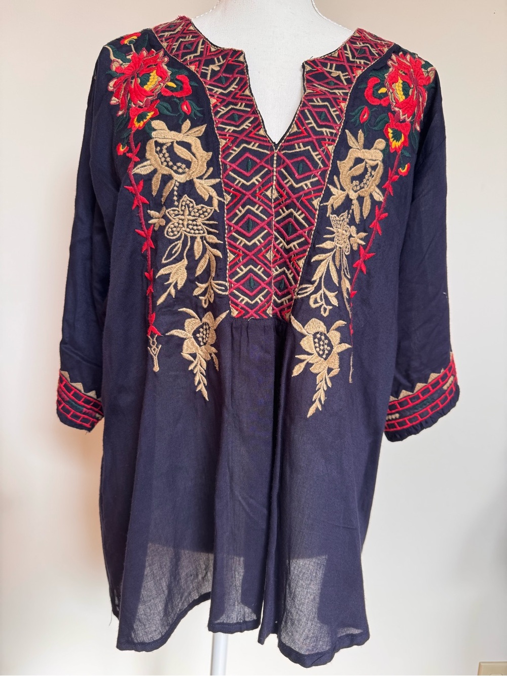 Embroidered Navy Tunic Top with Red & Gold Accents